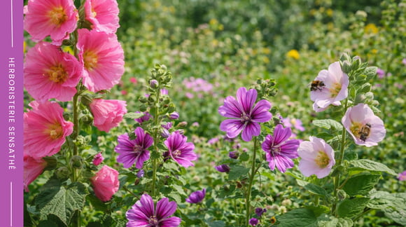 Rose trémière, mauve et guimauve en fleurs dans un jardin de Malvacées - Herboristerie Sensathé